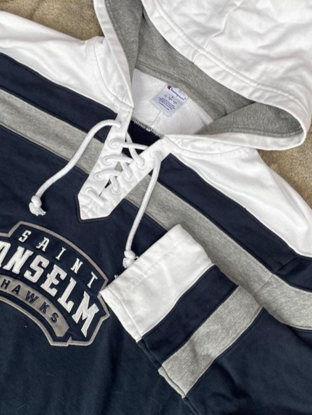 Saint Anselm Hawks College Champion Navy, Gray & White Lace-Up Hoodie